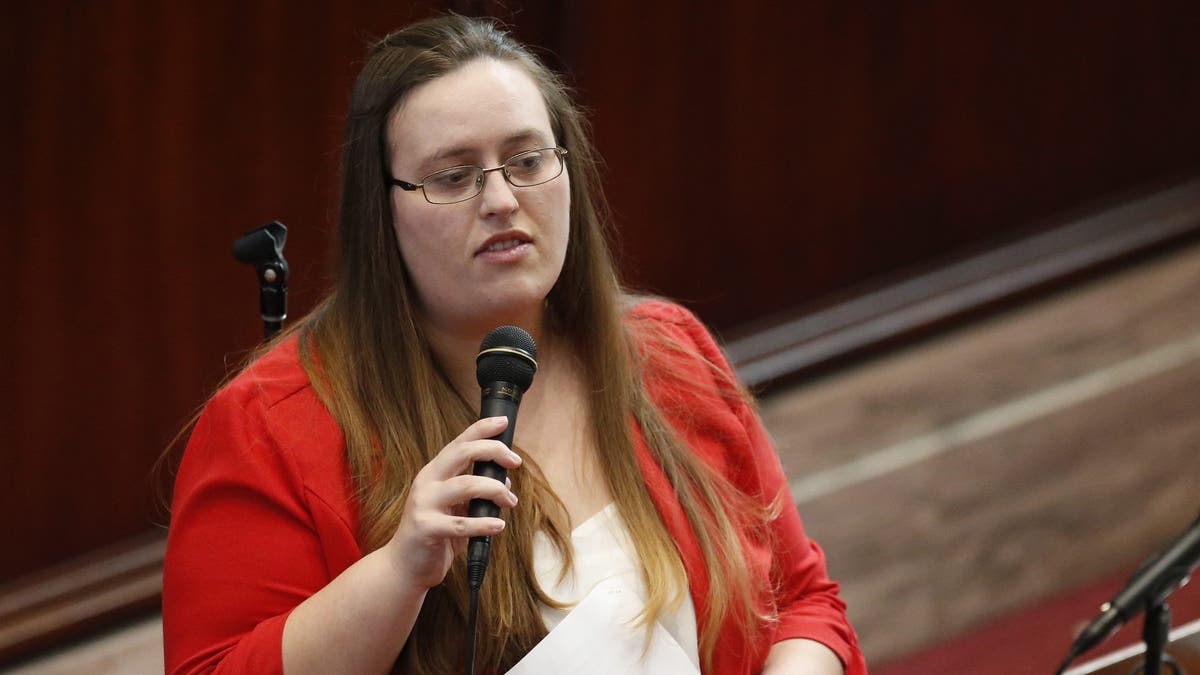 In this Feb. 1, 2018, file photo, Oklahoma state Dem. Sen. Allison Ikley-Freeman speaks during her swearing-in ceremony in Oklahoma City. (AP Photo/Sue Ogrocki, File)