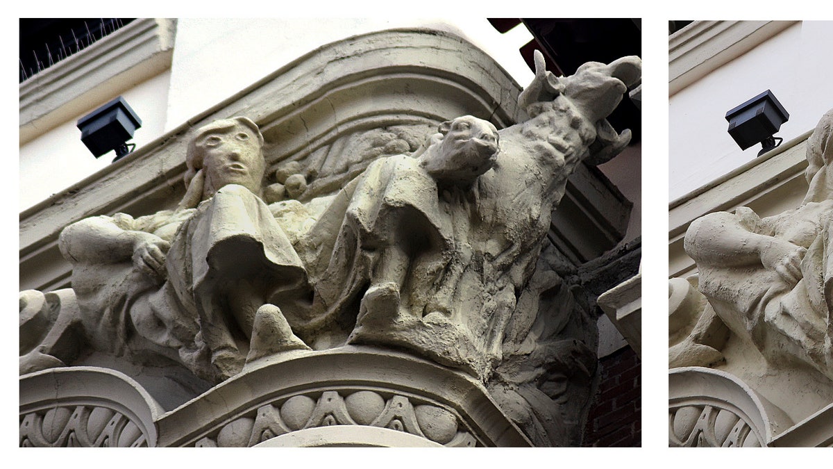 This combo picture shows a sculpture before (right) and after being restored (left) on the exterior of an ornate office building in the city of Palencia, Spain, Wednesday, Nov. 11, 2020. Restoration work on a sculpture in northern Spain has resurrected memories of a restored Christ fresco in another Spanish city eight years ago that drew ridicule as well as tourists. (AP Photo/Alberto Calleja [left image] Agencia ICAL [right image])