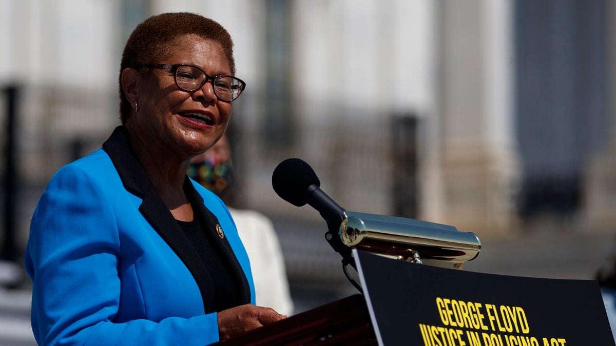 Rep. Karen Bass, D-Calif., speaks during a news conference on the House East Front Steps on Capitol Hill in Washington on June 25, 2020. (AP Photo/Carolyn Kaster, File)