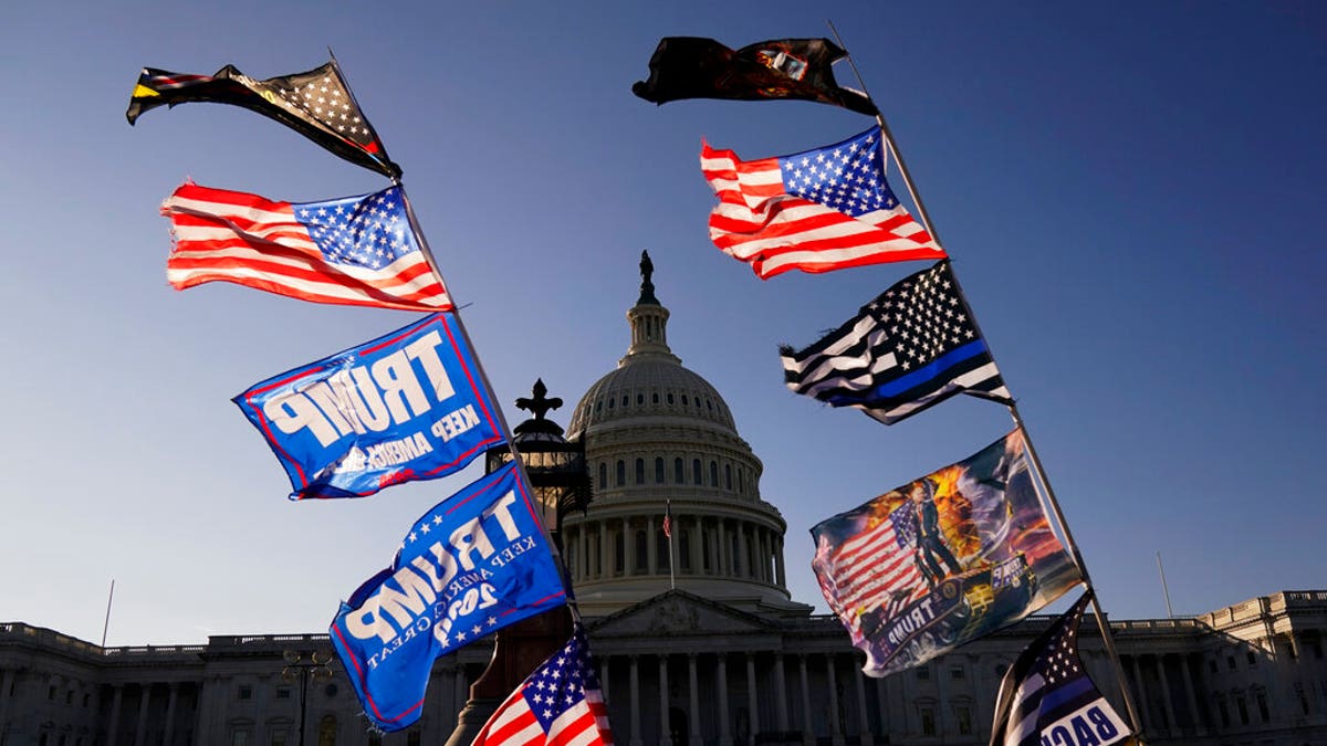 With the U.S. Capitol in the background, flags fly as supporters of President Trump attend pro-Trump marches, Saturday Nov. 14, 2020, in Washington. (AP Photo/Jacquelyn Martin)
