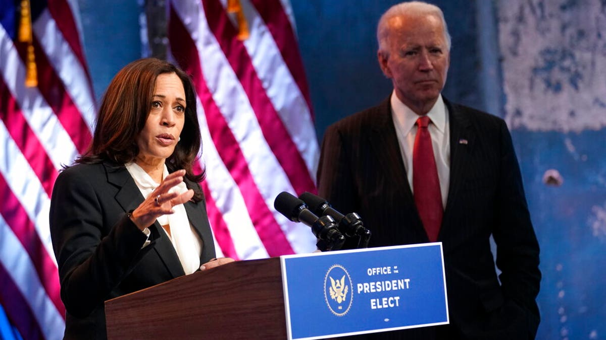 Vice President-elect Kamala Harris is nearly 20 years younger than President-elect Joe Biden. They are seen here at The Queen theater, Thursday, Nov. 19, 2020, in Wilmington, Del. (Associated Press)