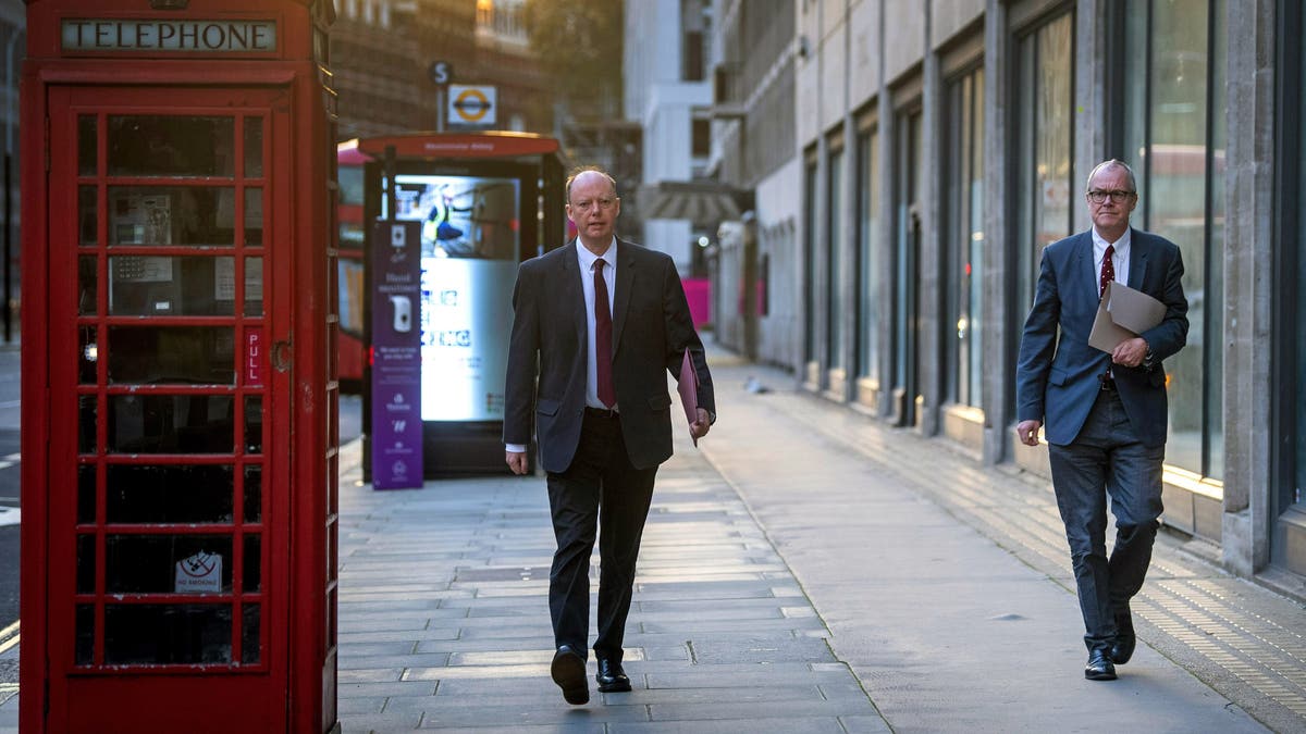 Britain's Chief medical officer Chris Whitty and chief scientific adviser Sir Patrick Vallance walk together on Victoria Street in Westminster, London, as England continues a four-week national lockdown to curb the spread of coronavirus, Tuesday, Nov. 24, 2020. (Victoria Jones/PA via AP)