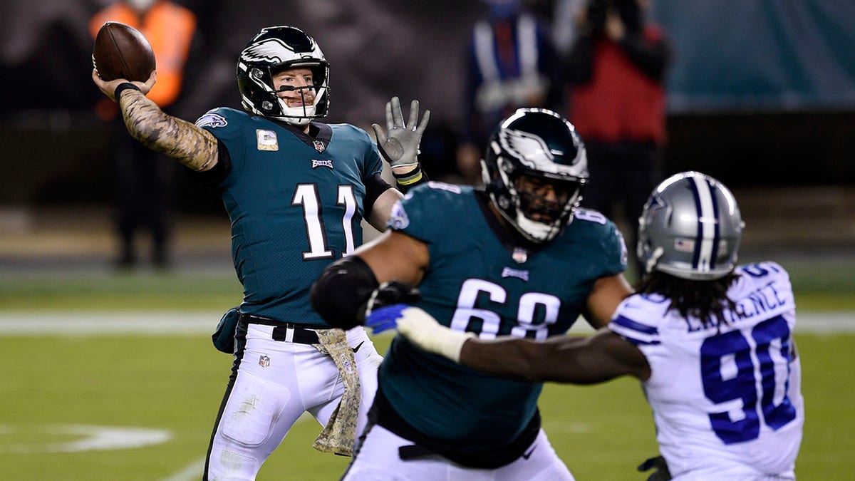 Philadelphia Eagles' Carson Wentz passes during the second half of an NFL football game against the Dallas Cowboys, Sunday, Nov. 1, 2020, in Philadelphia. (AP Photo/Derik Hamilton)