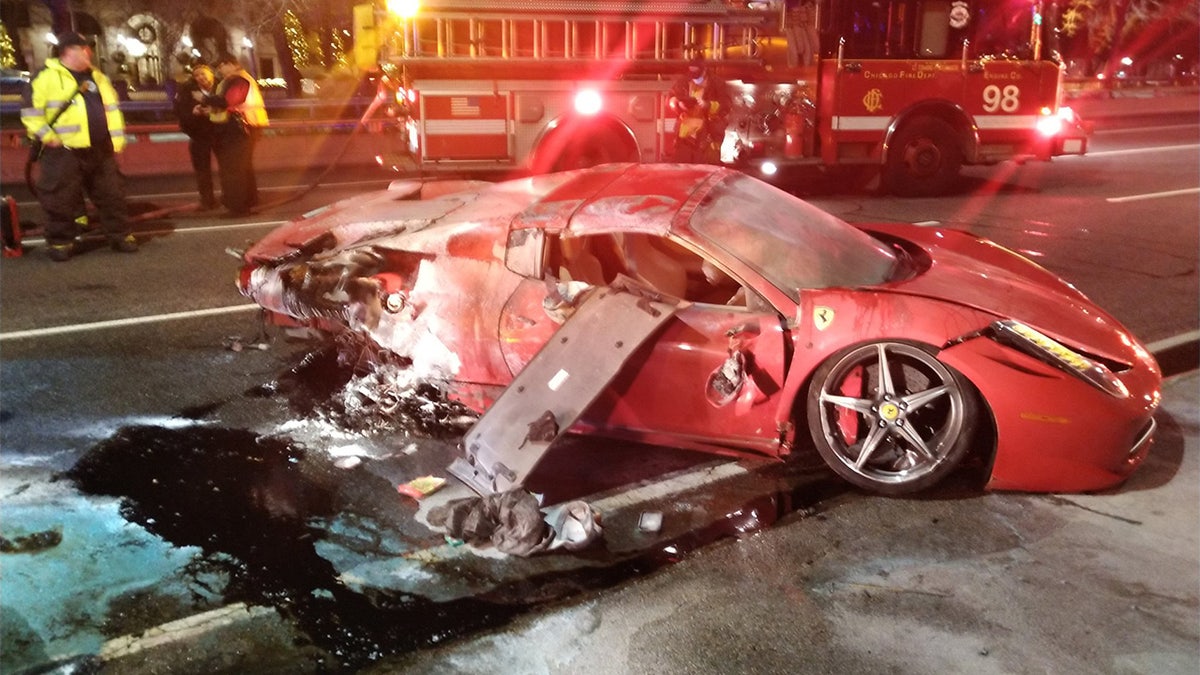 Chicago firefighters say a red Ferrari rented for the weekend crashed on Lake Shore Drive after wiping out at turn.