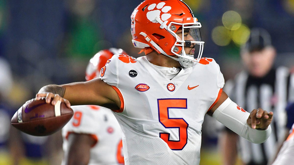 Clemson quarterback D.J. Uiagalelei looks for a receiver during the first quarter against Notre Dame in an NCAA college football game Saturday, Nov. 7, 2020, in South Bend, Ind. (Matt Cashore/Pool Photo via AP)