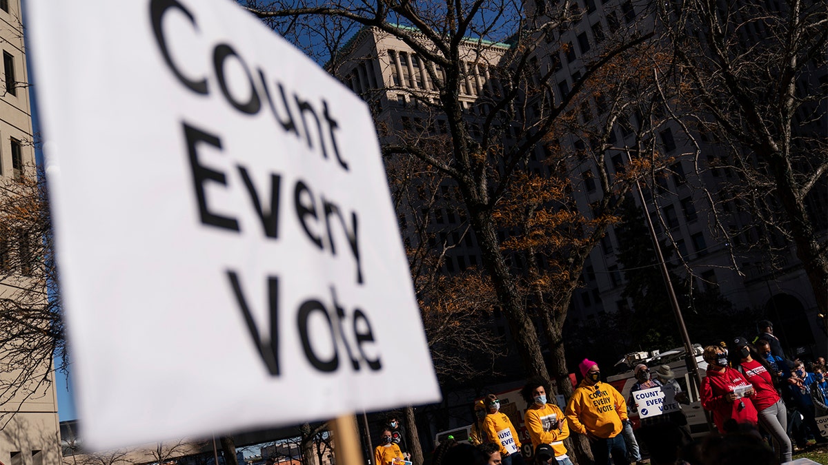 Protesters attend a rally calling for every vote to be counted from yesterday's general election near the Detroit Department of Elections building in Detroit, Nov. 4, 2020. (Associated Press)