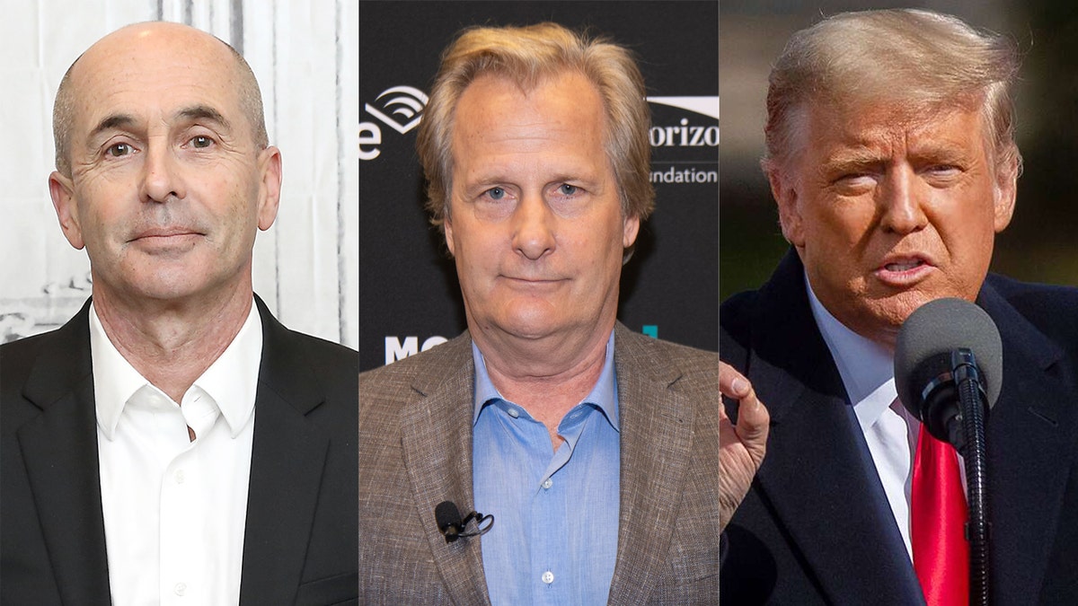 Don Winslow (left) produced a Michigan-centric ad narrated by Jeff Daniels (center) taking aim at President Trump (right).