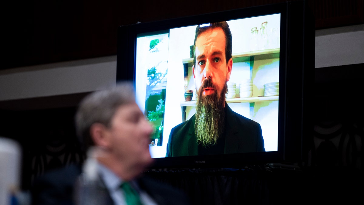 Former Twitter CEO Jack Dorsey testifies remotely during the Senate Judiciary Committee hearing on censorship Nov. 17, 2020, in Washington.