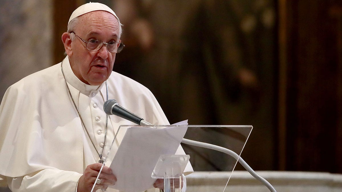 ROME, ITALY - OCTOBER 20: Pope Francis holds his speech during an International Prayer Meeting for Peace "No one is saved alone - Peace and Fraternity" at the Roman Basilica of Aracoeli on October 20, 2020 in Rome, Italy. (Photo by Vatican Pool/Getty Images)