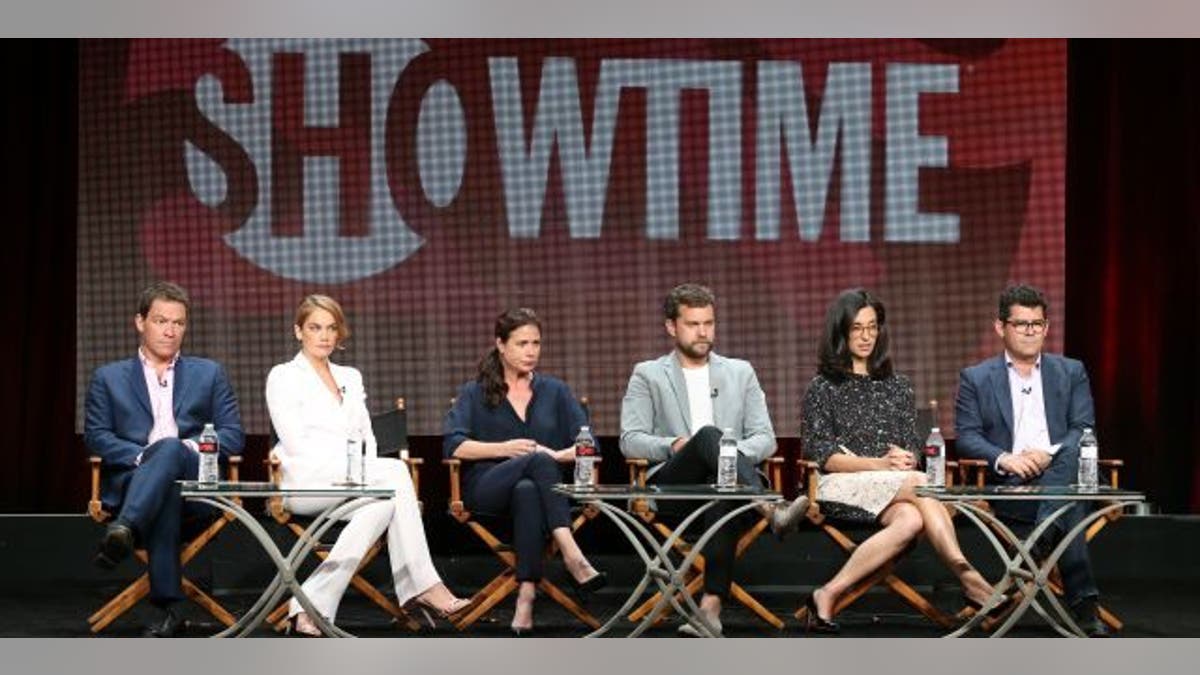 (L-R) Actors Dominic West, Ruth Wilson, Maura Tierney, Joshua Jackson, creator/executive producer Sarah Treem and executive producer/director Jeffrey Reiner speak onstage during the 'The Affair' panel discussion at the Showtime portion of the 2015 Summer TCA Tour.