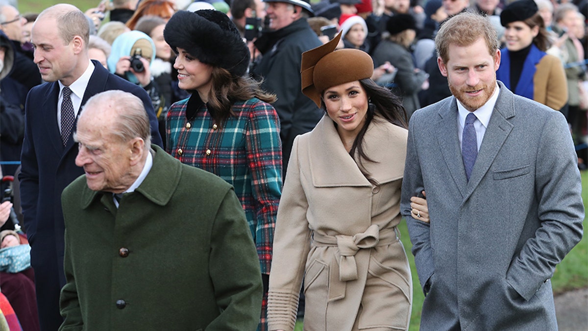 Prince William, Duke of Cambridge, Prince Philip, Duke of Edinburgh, Catherine, Duchess of Cambridge, Meghan Markle, and Prince Harry attend Christmas Day Church service at Church of St Mary Magdalene on December 25, 2017, in King's Lynn, England.