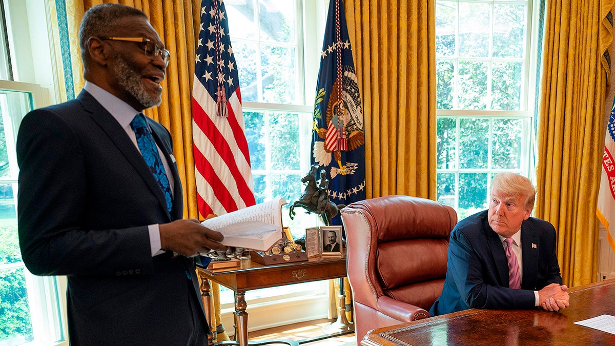 President Trump participates in an Easter Blessing with Bishop Harry Jackson at the White House in Washington, D.C., on April 10, 2020. (Photo by JIM WATSON/AFP via Getty Images)