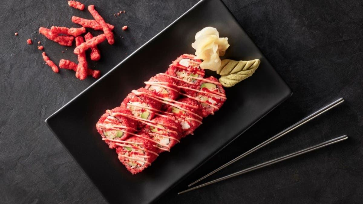 The sushi chain Hissho Sushi has partnered with snack maker Frito-Lay to create a new Cheetos Flamin’ Hot Roll. (Hissho Sushi)