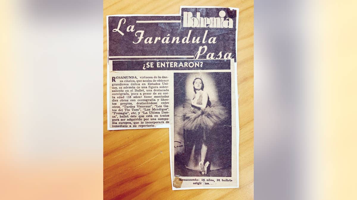 An old news clipping sent to Fox News shows Marta C. González reportedly at age 18. She is pictured wearing a ballet tutu and the article praises her work as a choreographer. (Asociación Música para Despertar)
