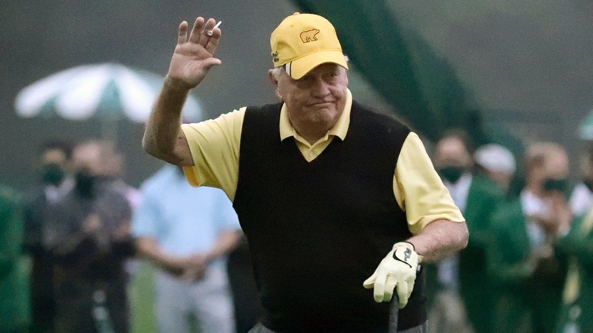 Honorary starter Jack Nicklaus reacts after hitting on the first tee to start the first round of the Masters golf tournament Thursday, Nov. 12, 2020, in Augusta, Ga.