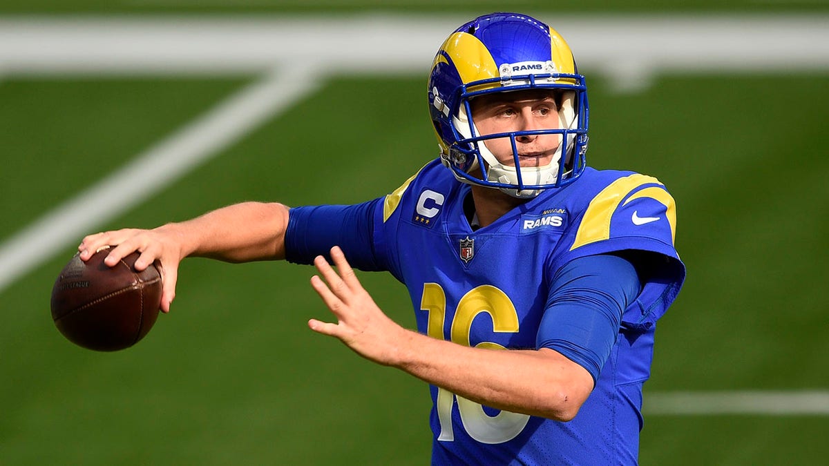 Los Angeles Rams quarterback Jared Goff throws against the San Francisco 49ers during the first half of an NFL football game Sunday, Nov. 29, 2020, in Inglewood, Calif. (AP Photo/Kelvin Kuo)
