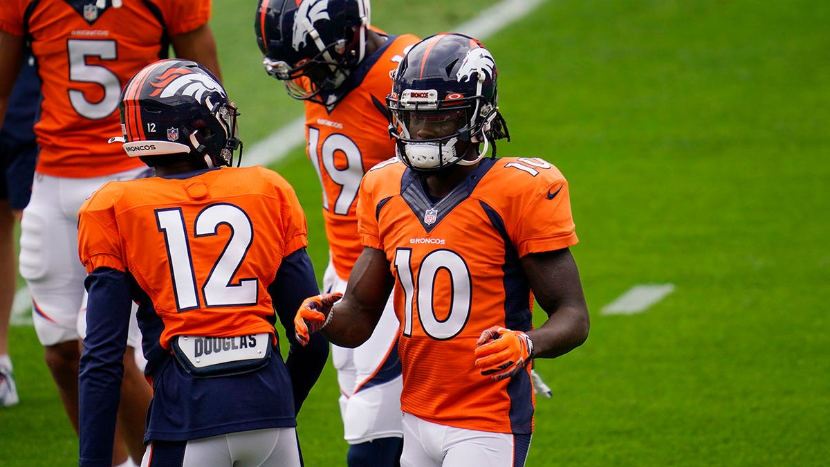 Denver Broncos wide receiver Jerry Jeudy takes part in drills during NFL football practice in Denver on Aug. 29, 2020.