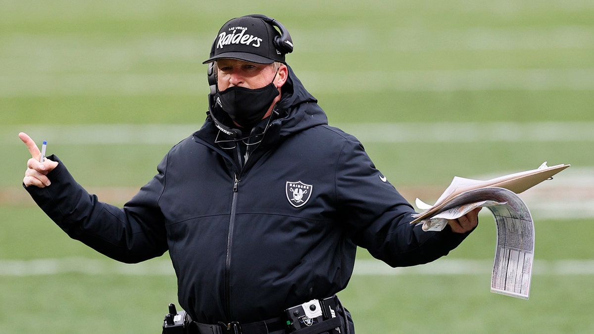 Las Vegas Raiders head coach Jon Gruden reacts during the second half of an NFL football game against the Cleveland Browns, Sunday, Nov. 1, 2020, in Cleveland.