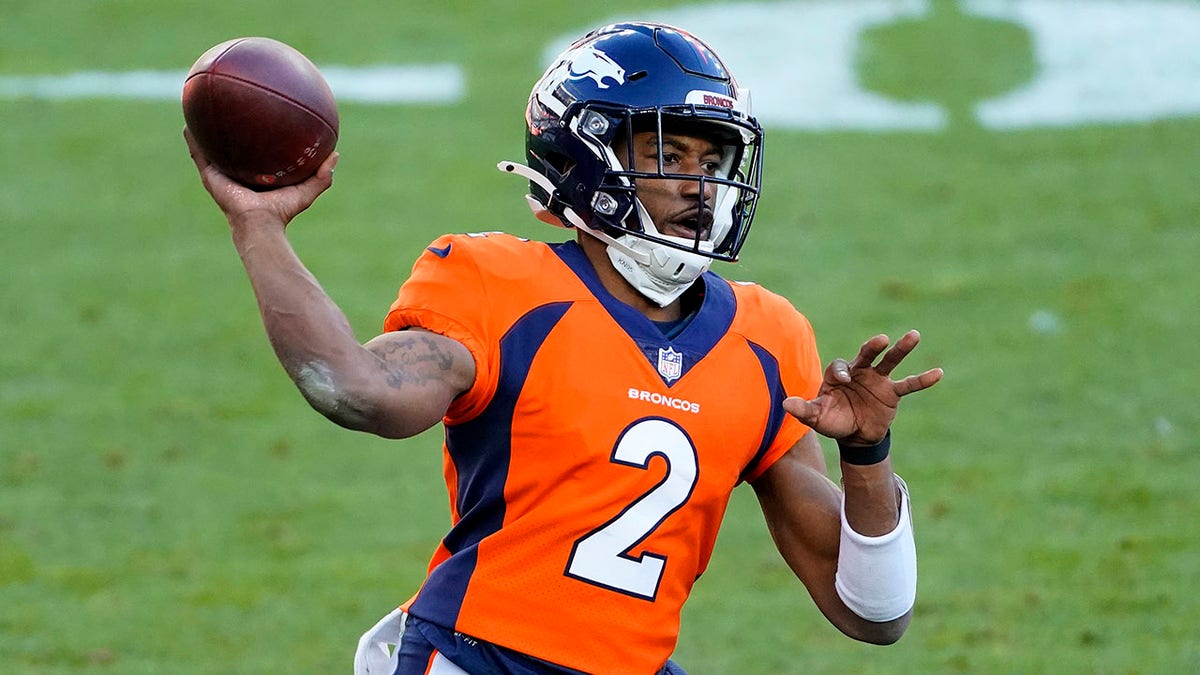 Denver Broncos quarterback Kendall Hinton (2) throws against the New Orleans Saints during the first half of an NFL football game, Sunday, Nov. 29, 2020, in Denver. (AP Photo/Jack Dempsey)