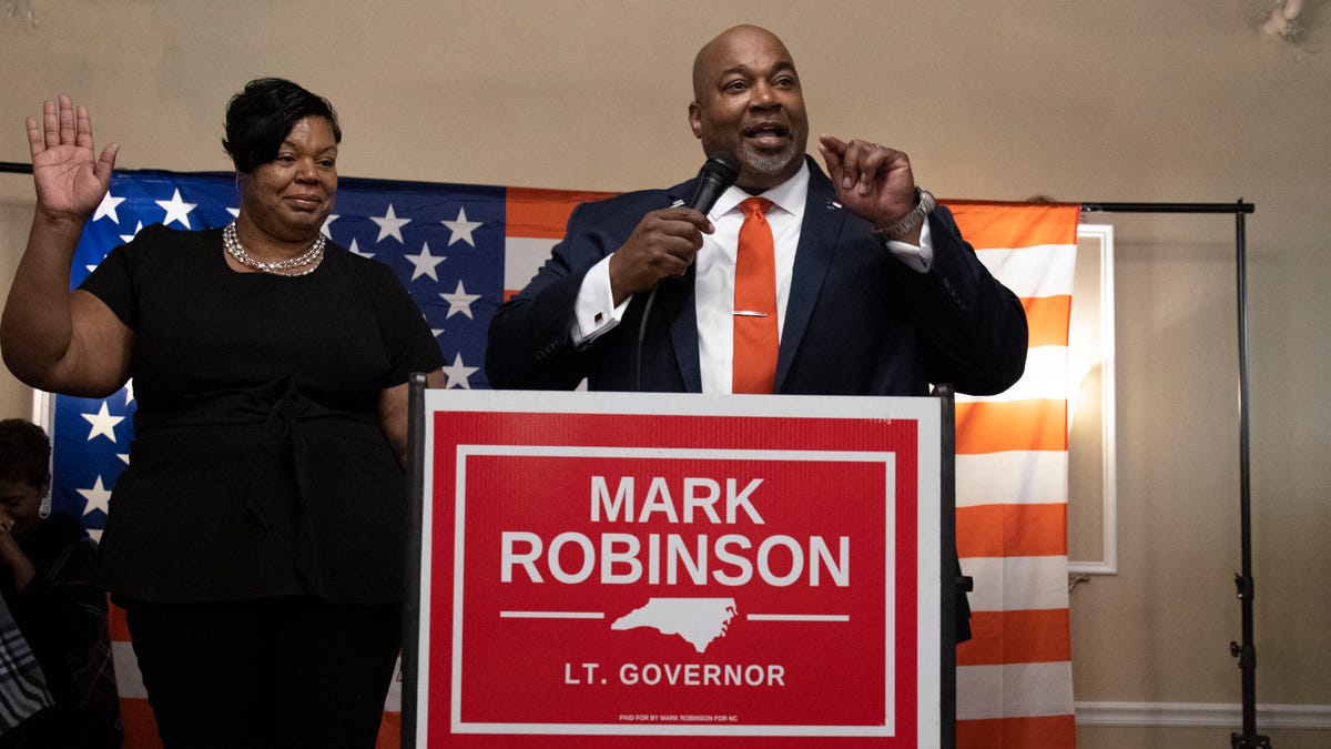 Republican Mark Robinson, projected winner of the North Carolina race for lieutenant governor, addresses supporters on Nov. 3. Courtesy of Robinson campaign