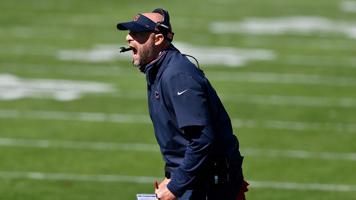 CHARLOTTE, NORTH CAROLINA - OCTOBER 18: Head coach Matt Nagy of the Chicago Bears calls out instructions in the first quarter against the Carolina Panthers at Bank of America Stadium on October 18, 2020 in Charlotte, North Carolina. (Photo by Grant Halverson/Getty Images)