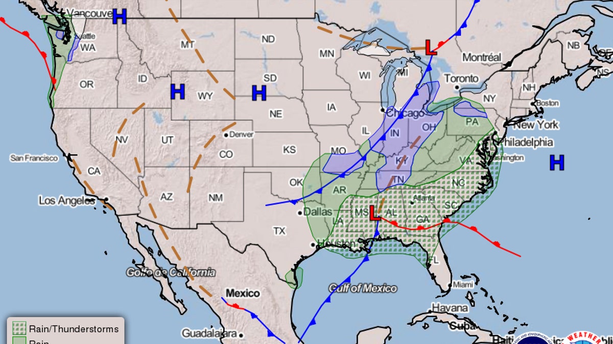Weather map showing the developing storm system.