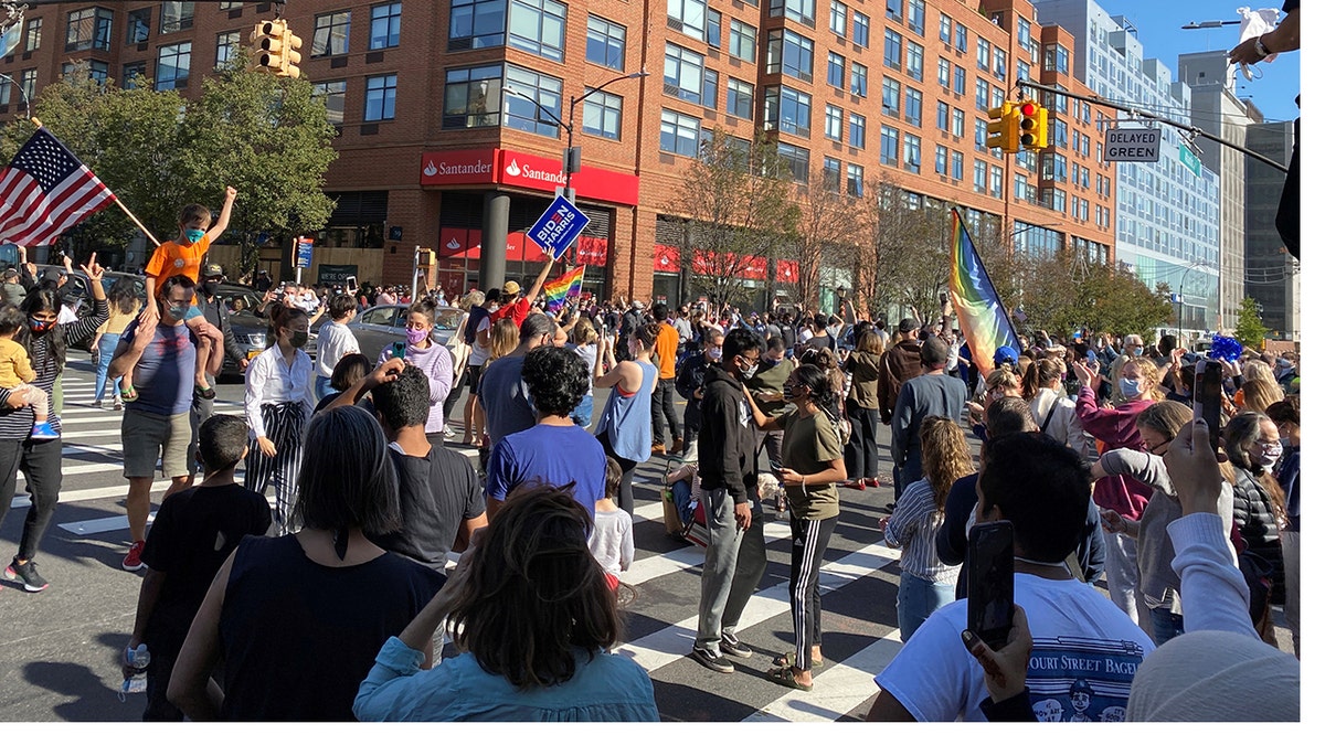 People in the New York borough of Brooklyn mark the calling of the U.S. presidential election for Democrat Joe Biden with a spontaneous celebration. REUTERS/Jonathan Oatis