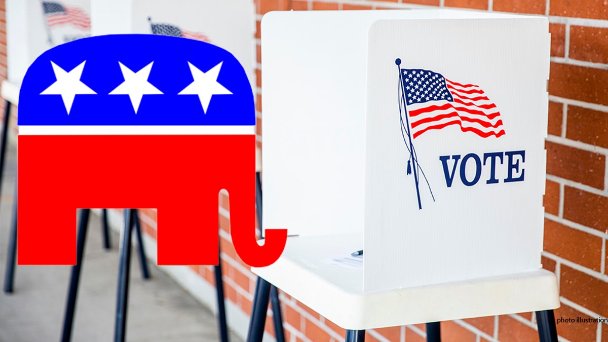 photo of voting booth and GOP logo