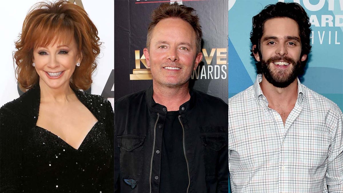 Reba McEntire (left) and Chris Tomlin (center) are among the artists featured on 'Be a Light' by Thomas Rhett (right).