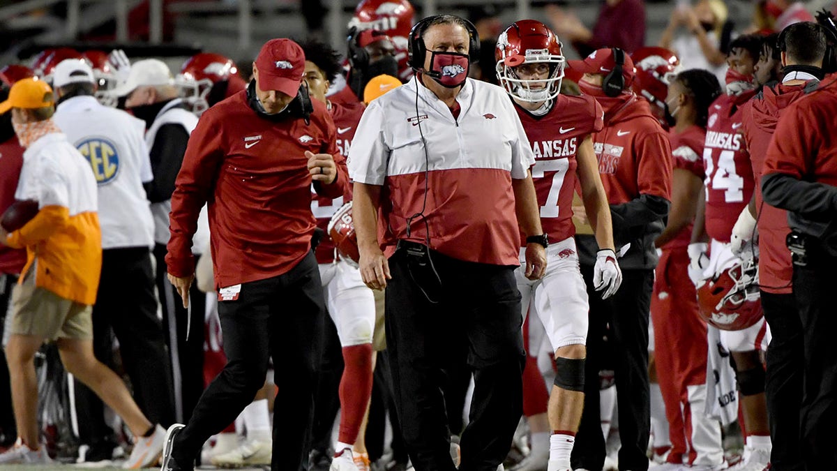 Arkansas coach Sam Pittman walks the sideline during the first half of the team's NCAA college football game against Tennessee on Saturday, Nov. 7, 2020, in Fayetteville, Ark. 