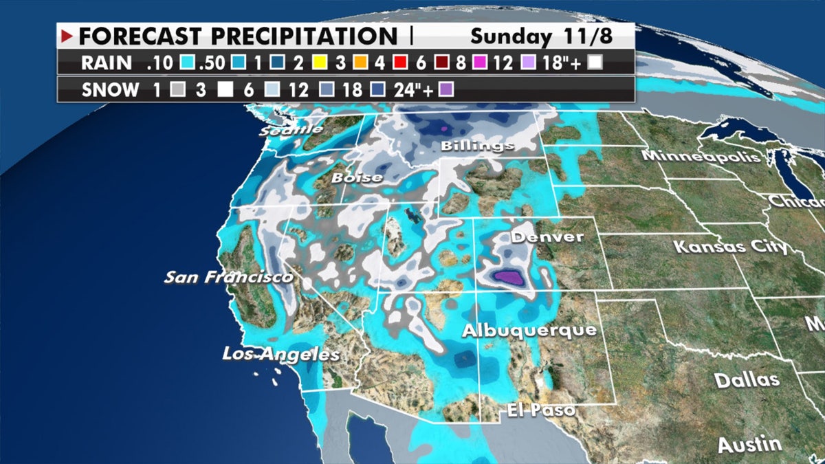 Expected precipitation from the next storm system that will impact the West.