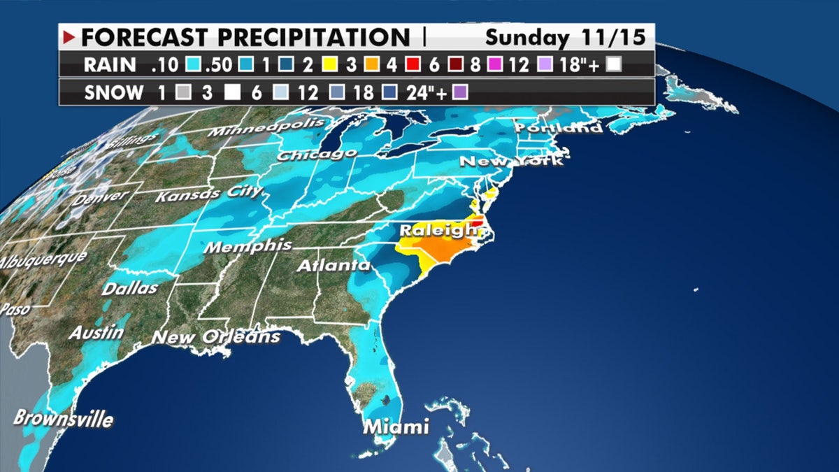 The heaviest precipitation is expected across North Carolina into the Mid-Atlantic.