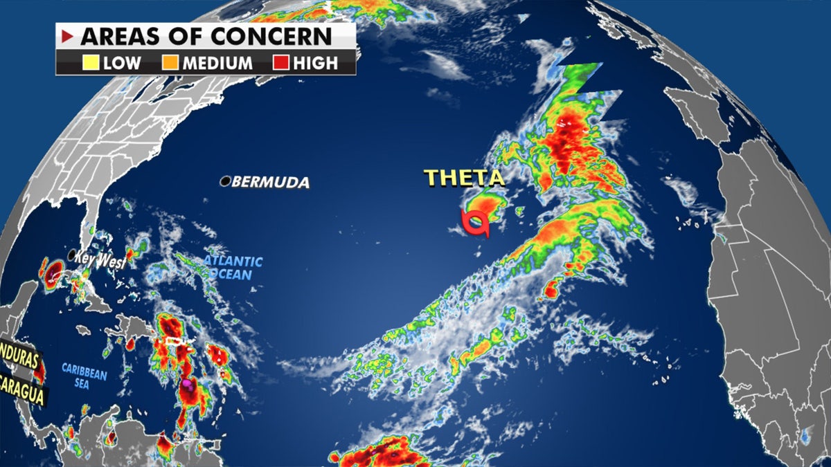Subtropical Storm Theta is moving east across the Atlantic.