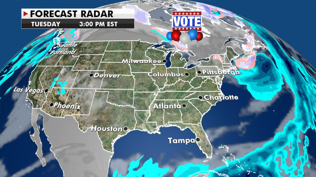 Other than a system moving into the Pacific Northwest and some snow showers across the Northeast, conditions will remain dry for Election Day.