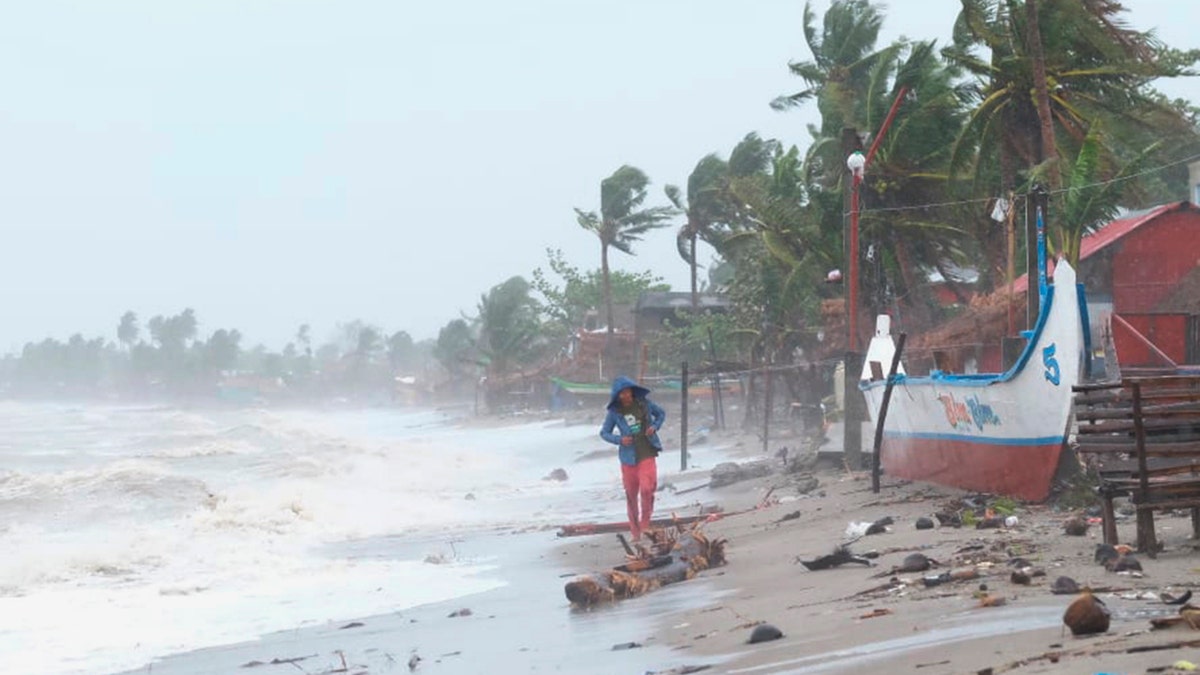 Strong waves batter the coast of Sorsogon province, central Philippines as a typhoon locally known as Goni hits the country on Sunday, Nov. 1, 2020. (Associated Press)