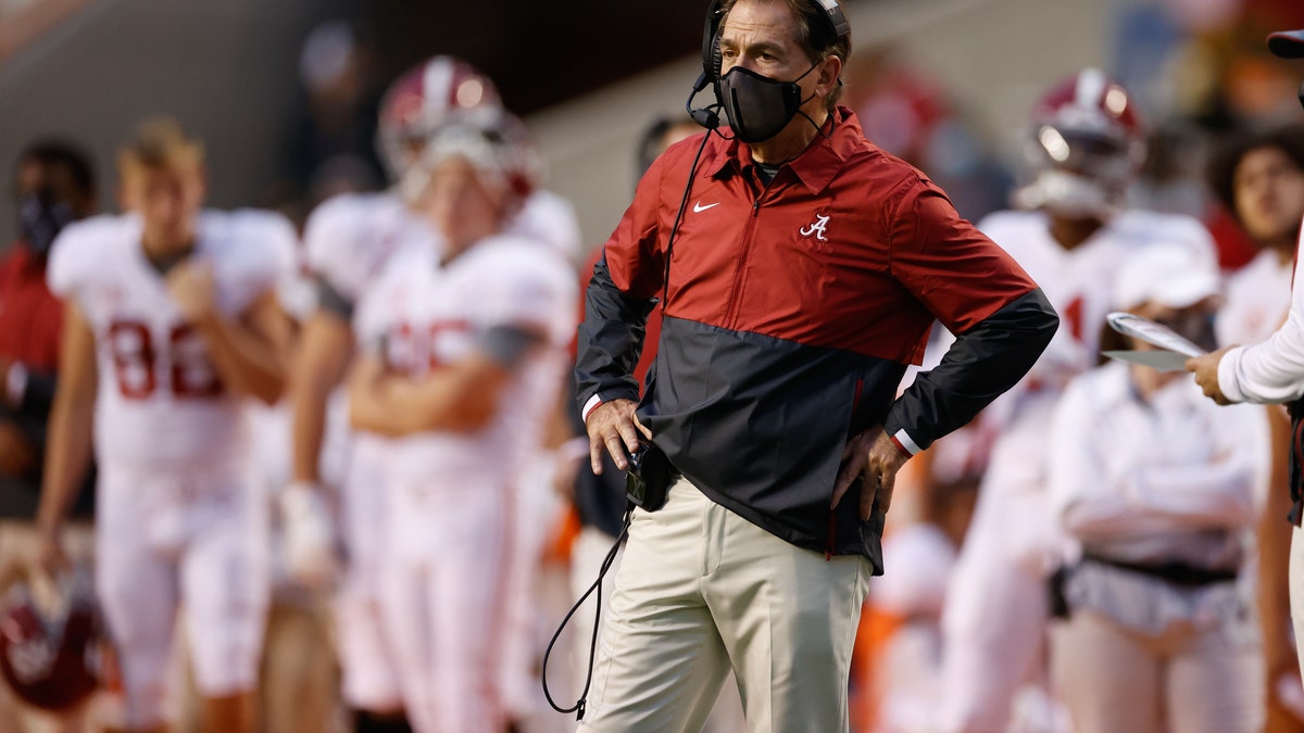 Head Coach Nick Saban of the Alabama Crimson Tide watches a play from the sideline against the Tennessee Volunteers at Neyland Stadium on October 24, 2020 in Knoxville, Tennessee. (Photo by Kent Gidley/Collegiate Images/Getty Images)