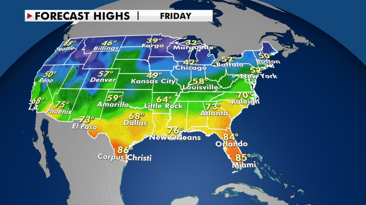 Forecast high temperatures for the end of the week. Temperatures will fall as a cold front moves eastward.