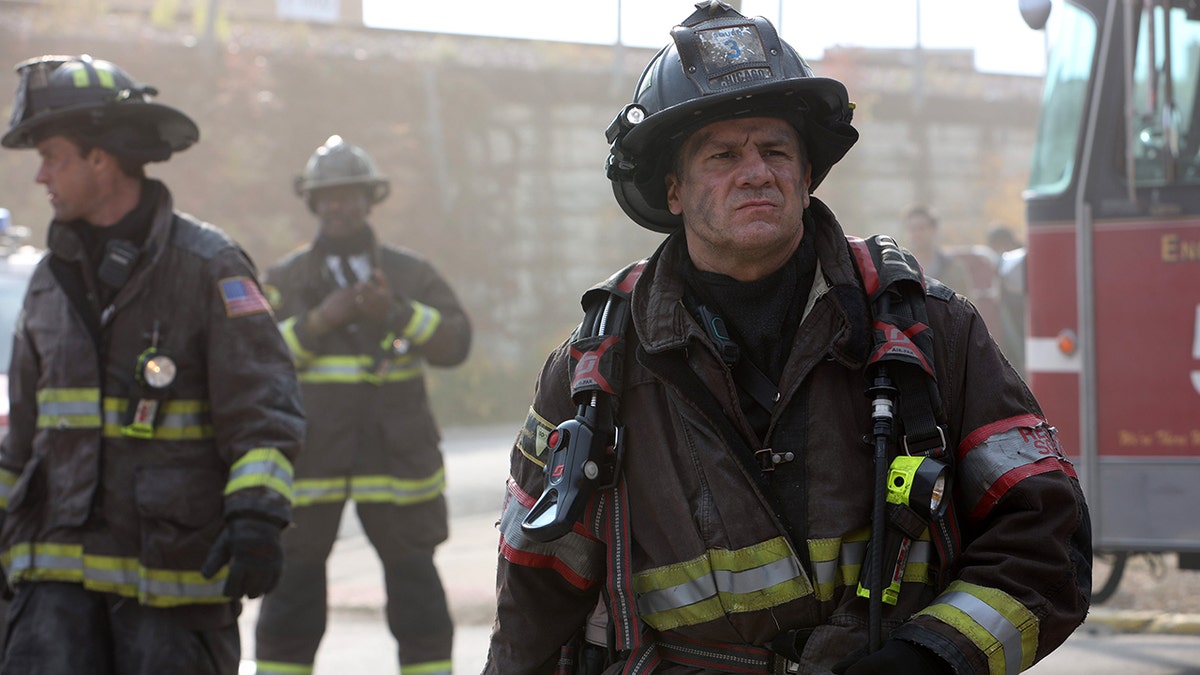 Pictured: (l-r) Jesse Spencer as Matthew Casey, Eamonn Walker as Wallace, Anthony Ferraris as Tony in 'Chicago Fire.' According to a new report, NBC halted filming on the show over the weekend after several members of the production team produced positive COVID-19 test results. (Photo by: Adrian S. Burrows Sr./NBC/NBCU Photo Bank via Getty Images)