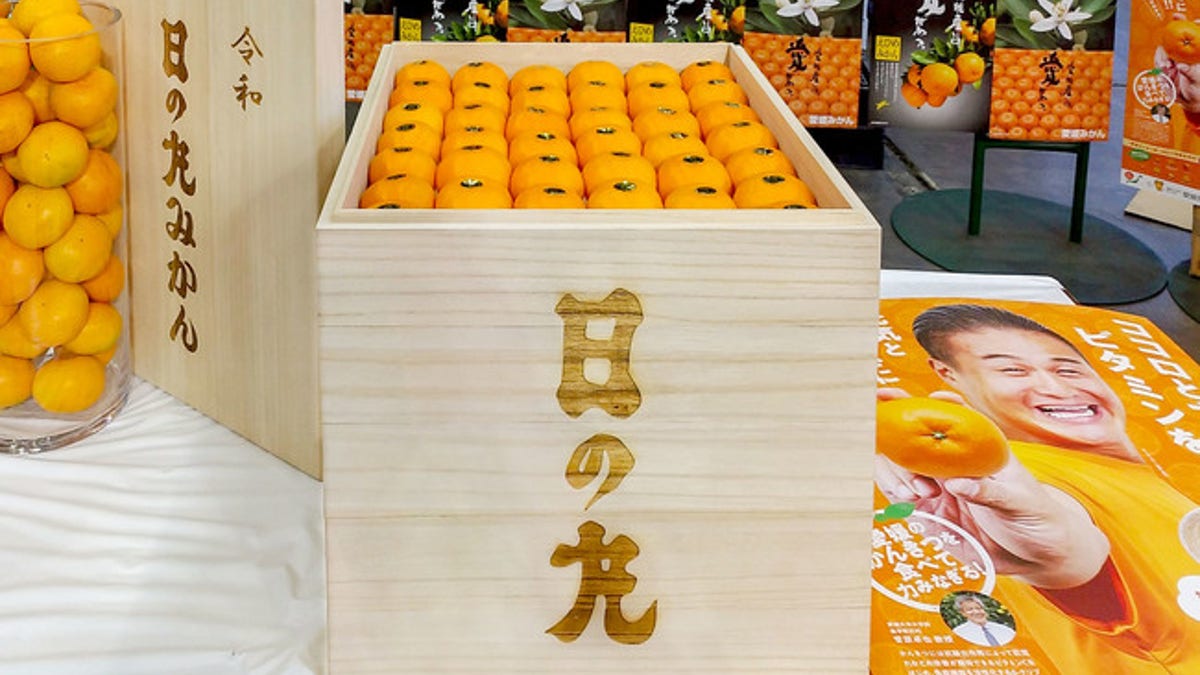 A 100-piece crate of mandarin orangers was sold for 1 million Japanese yen at an auction held at Ota Market. (JA Nishiuwa Agricultural Cooperative)