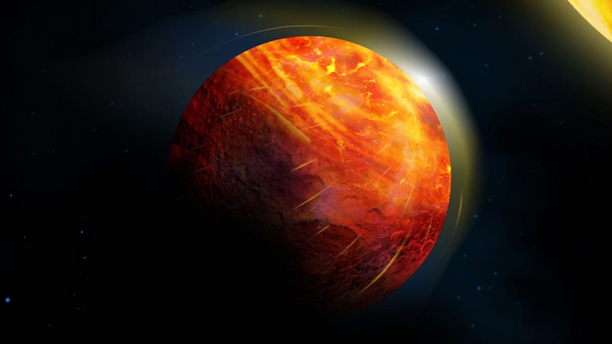 Artist’s impression of the lava planet K2-141b. At the center of the large illuminated region there is an ocean of molten rock overlain by an atmosphere of rock vapour. Supersonic winds blow towards the frigid and airless nightside, condensing into rock rain and snow, which sluggishly flow back to the hottest region of the magma ocean.