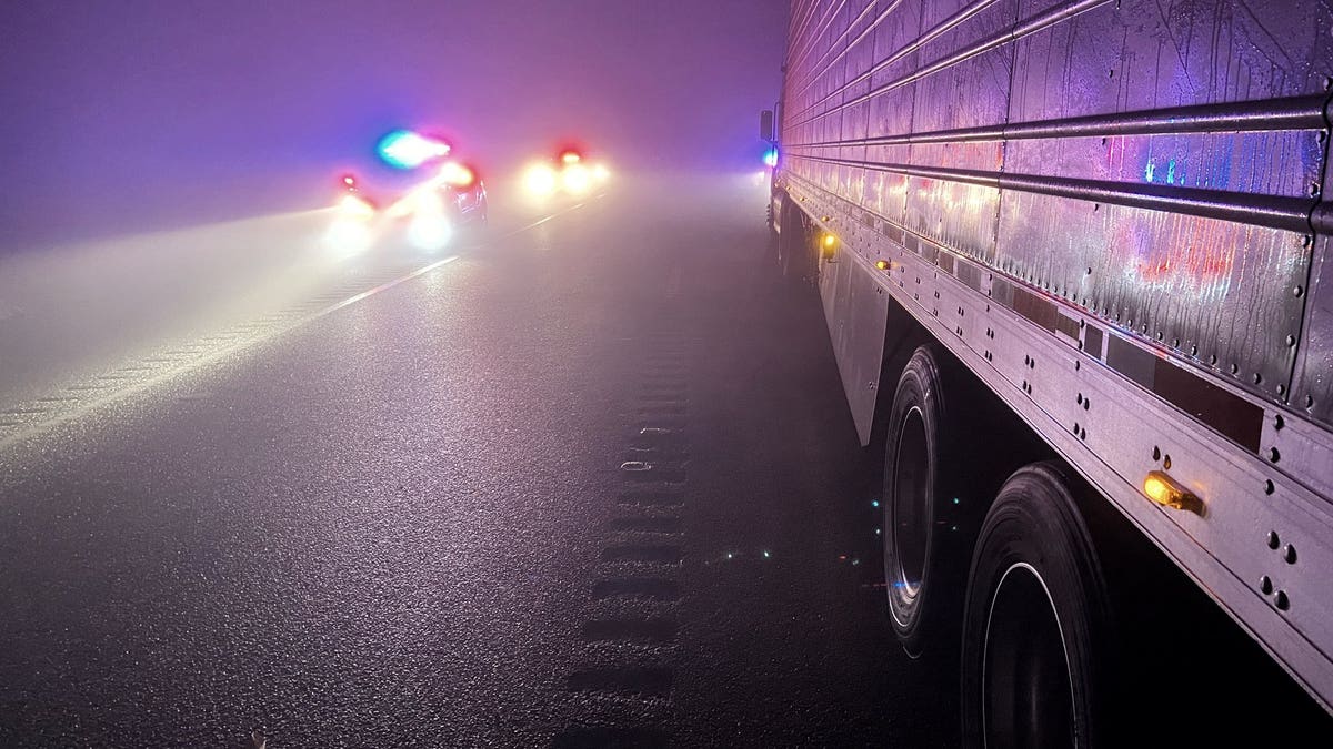 Foggy conditions are seen along Highway 99 in Butte County, Calif., after a multi-vehicle crash early Saturday. (California Highway Patrol-Oroville)