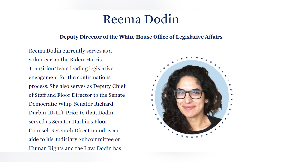 President-elect Joe Biden's transition website includes a page for Reema Dodin. Screenshot