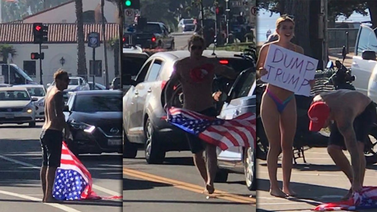Police in California were on the hunt for a Santa Barbara beachgoer accused of battering a Trump supporter Saturday who was seen alongside a bikini-clad woman carrying a sign reading “Dump Trump.”