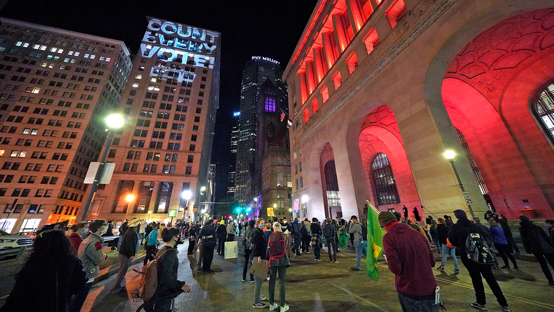 A group supporting the counting of every vote gathers on Grant Street in front of the City-County Building in downtown Pittsburgh, Wednesday, Nov. 4, 2020.
