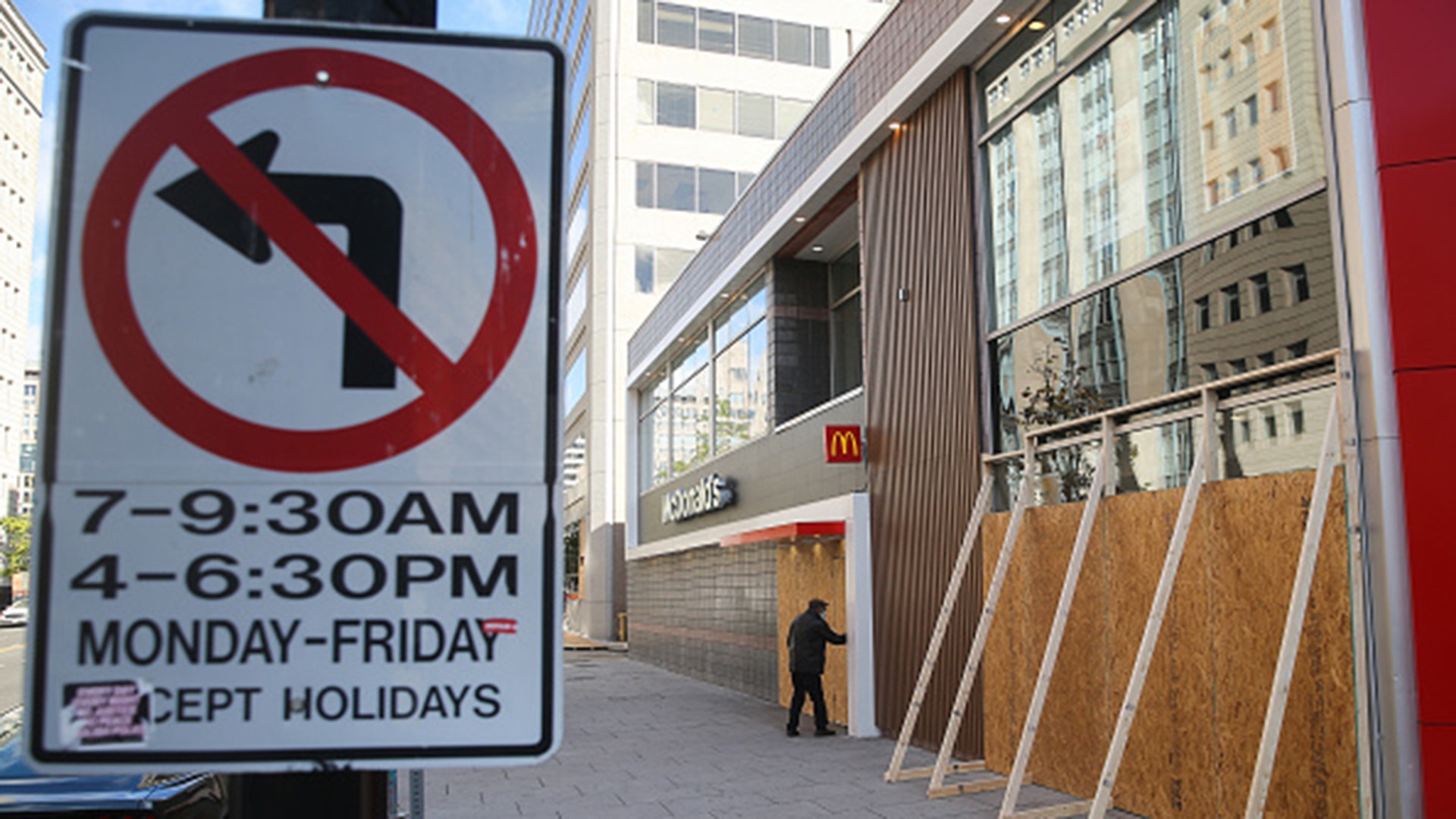 Windows of a building are boarded up over fears of Election Day protests. On Nov. 3, the U.S. will elect a president and vice president, 35 Senators, all 435 members of the House of Representatives, 13 governors of 11 states and two US territories, as well as state and local government officials. Incumbent Republican President Donald Trump and Democratic Party nominee Joe Biden are running for president. (Photo by Yegor AleyevTASS via Getty Images)