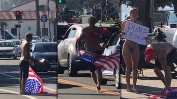 California police seek shirtless man, bikini-clad woman after American flag, hat snatched from Trump supporter