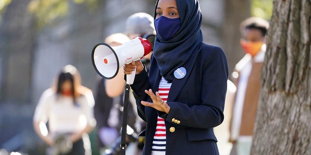 U.S. Rep. Ilhan Omar, D-Minn., addresses students at the University of Minnesota on Election Day, Tuesday, Nov. 3, 2020, in Minneapolis.  (AP Photo/Jim Mone)
