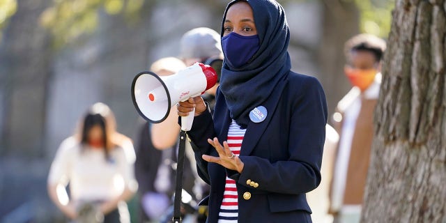 U.S. Rep. Ilhan Omar, D-Minn., addresses students at the University of Minnesota on Election Day, Tuesday, Nov. 3, 2020, in Minneapolis. (AP Photo/Jim Mone)
