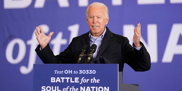Democratic presidential candidate former Vice President Joe Biden speaks at a rally at Cleveland Burke Lakefront Airport, Monday, Nov. 2, 2020, in Cleveland. (AP Photo/Andrew Harnik)