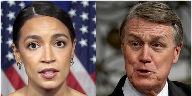 Georgian Senator David Perdue (right) has 'invited' New York Democratic Representative Alexandria Ocasio-Cortez to come to the state to campaign for her opponent in the January 5, 2021 run-off election for the one of the two remaining seats in the Senate.  .